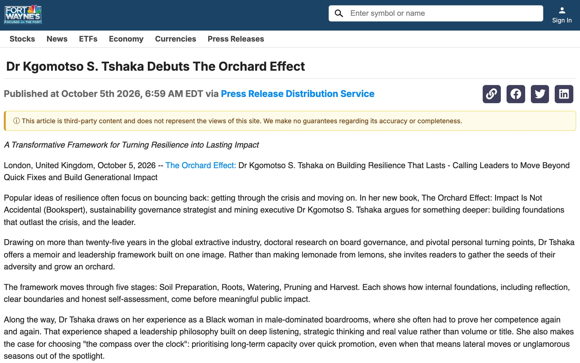 A generated article as published on a local TV news site (Fort Wayne's NBC MarketMinute) through the automatic distribution: outlet header, title and opening paragraphs