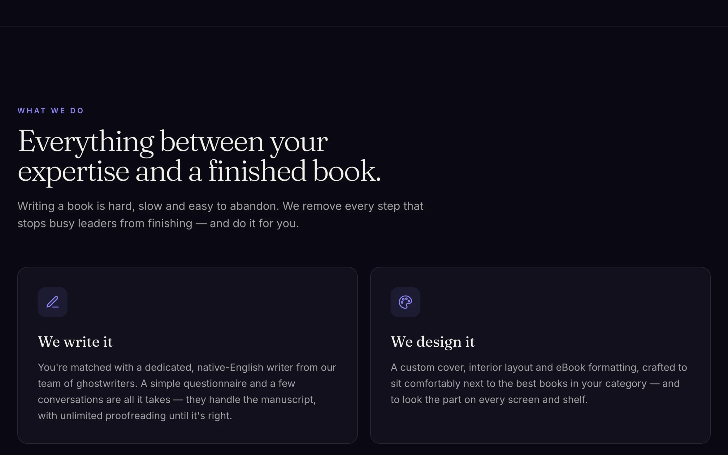 The "Everything between your expertise and a finished book" section of bookspert.com with the first two service cards