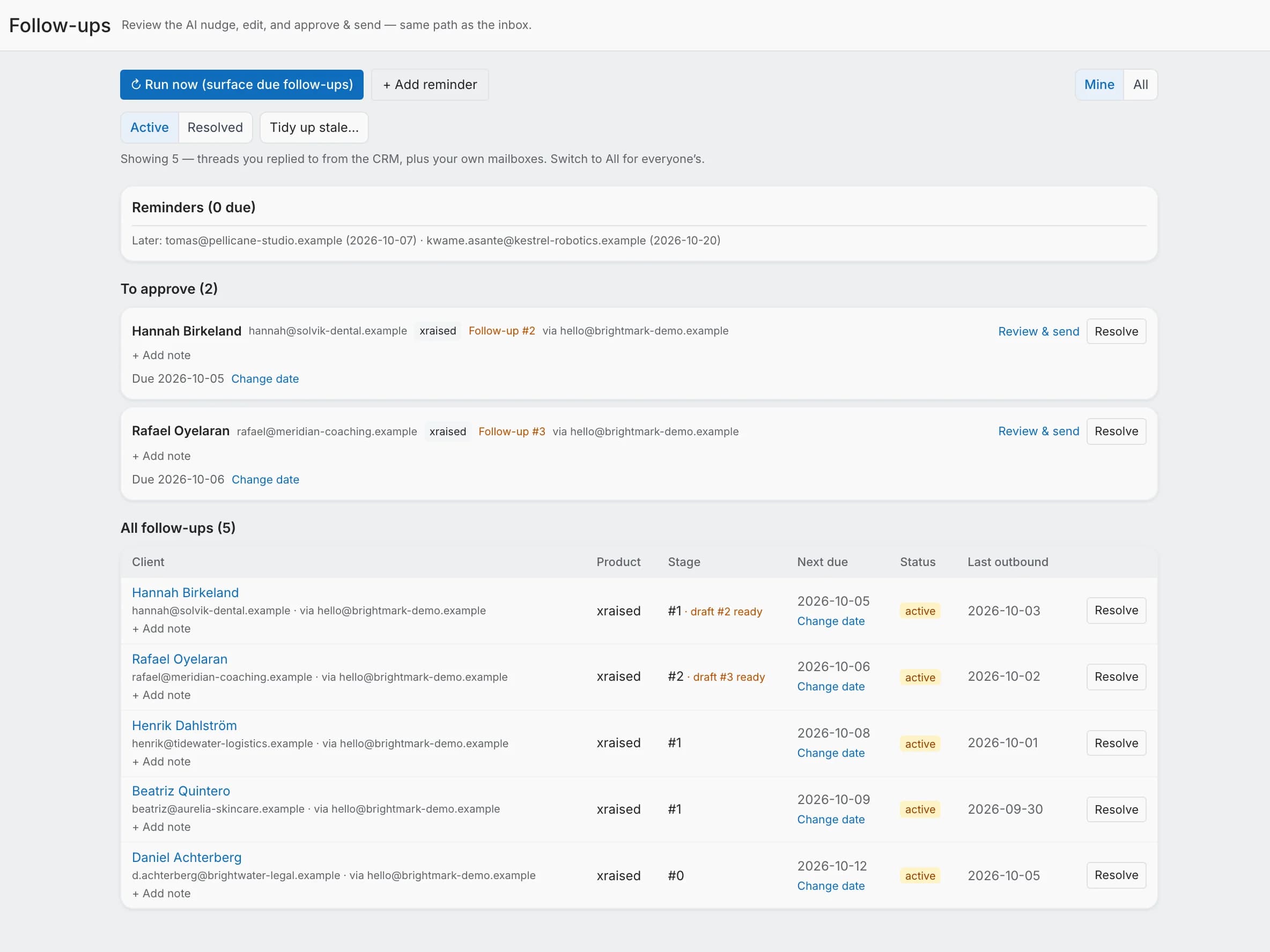 The follow-ups page with two drafts to approve and the list of open follow-ups