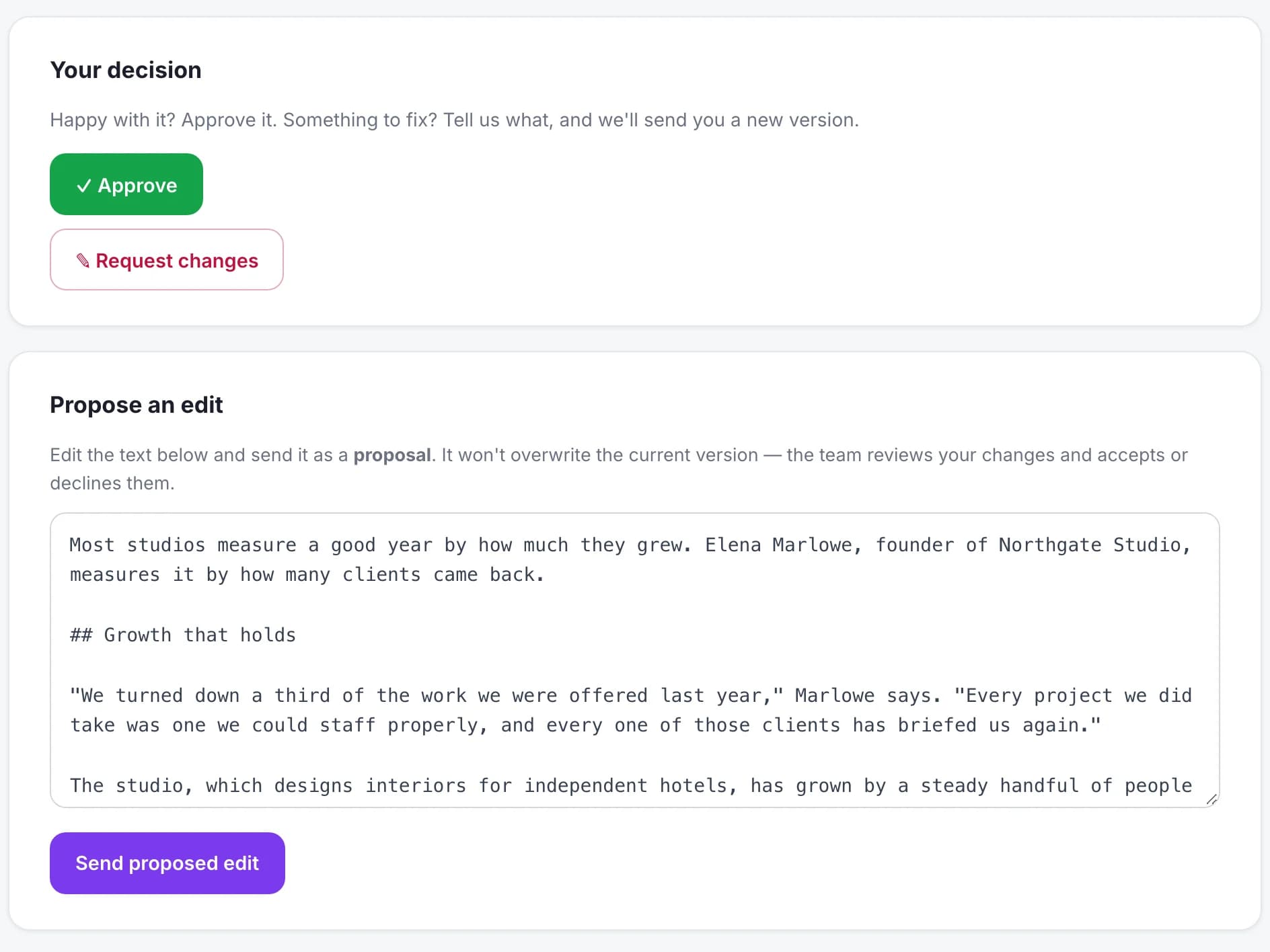 The decision card with Approve and Request changes, and the box to propose an edit (fictional demo data)