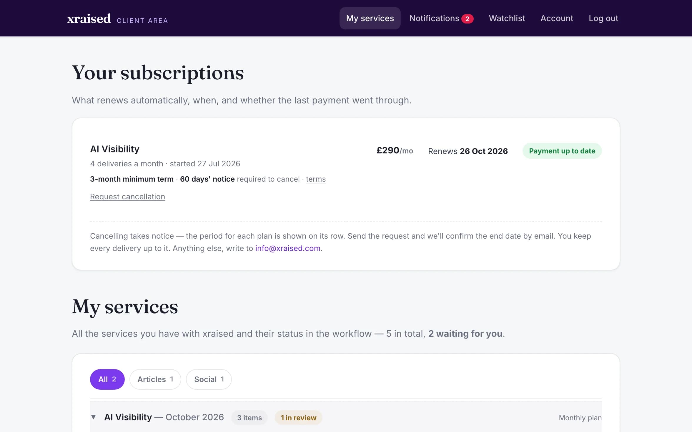 A client area: the subscription with its next renewal and payment status, and the services with what is waiting for the client (fictional demo data)