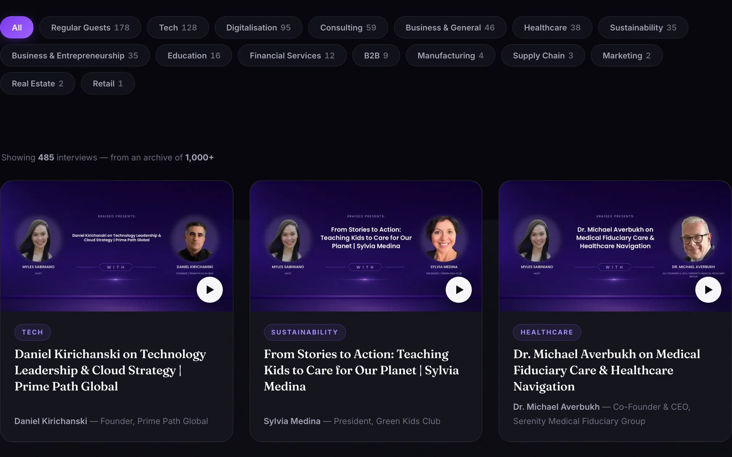 The interview archive on xraised.com: category filters and the first row of interview cards