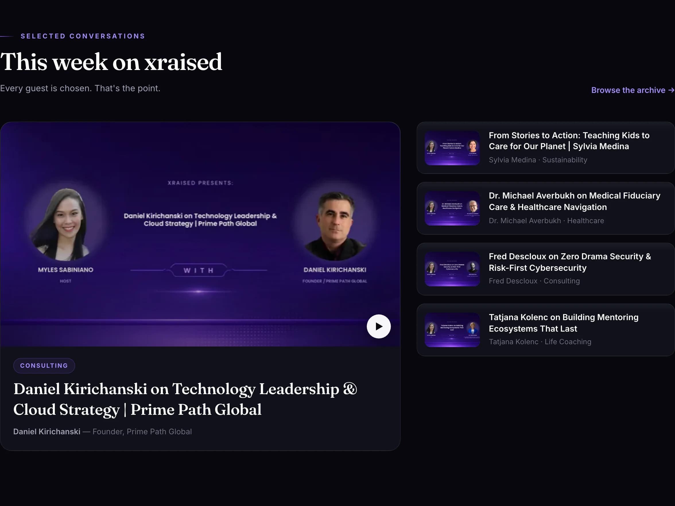 The "This week on xraised" section of the home page, filled by the publishing schedule