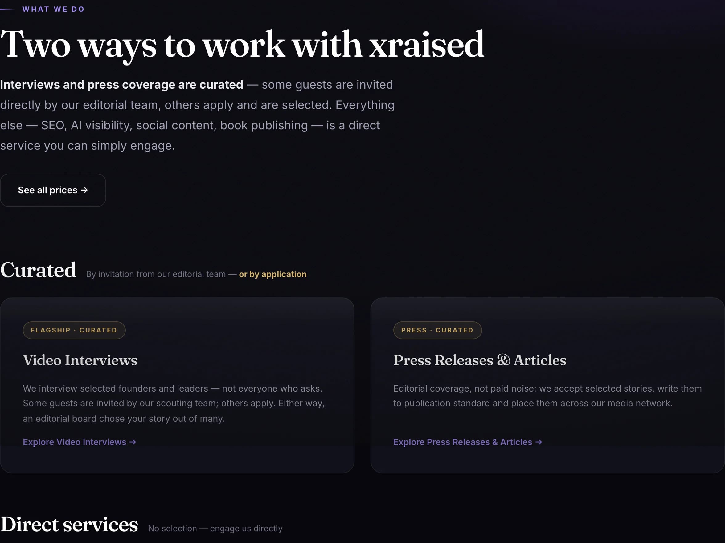 The services page: the curated services and the start of the direct services